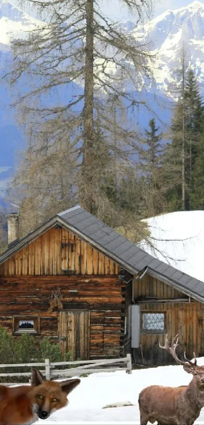 Rustic mountain cabin with a fox and deer in snowy scenery.