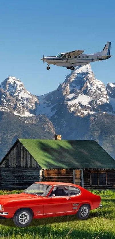 A rustic cabin with a vintage car and plane in a mountain setting.