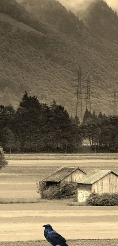 Rustic sepia mountain landscape wallpaper with rural charm and nature view.