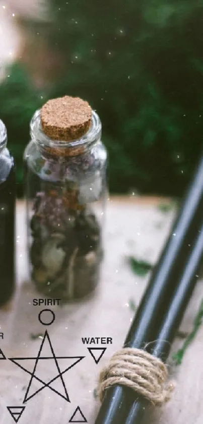 Rustic wallpaper with bottles, wood, and green elements on display.