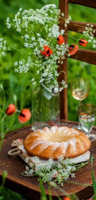 Rustic table with bread, flowers, and glassware in a green landscape.