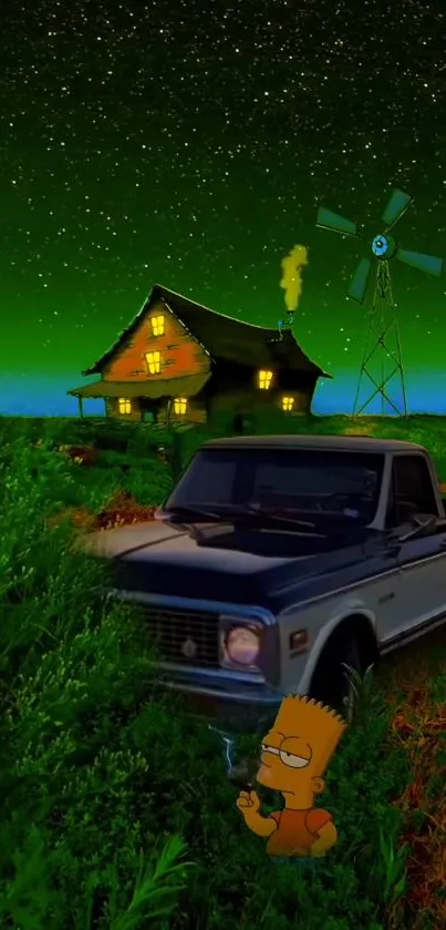 A cartoon character by a farmhouse at night with vivid green tones and starry sky.