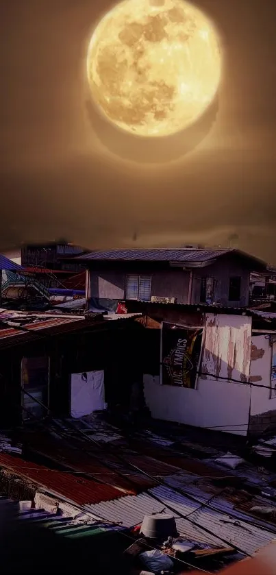 Full moon above rustic rooftops at night.