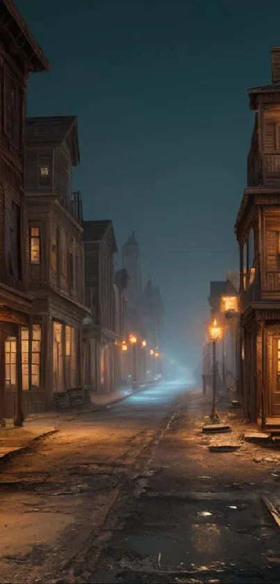 Rustic night street with vintage buildings and warm streetlights.