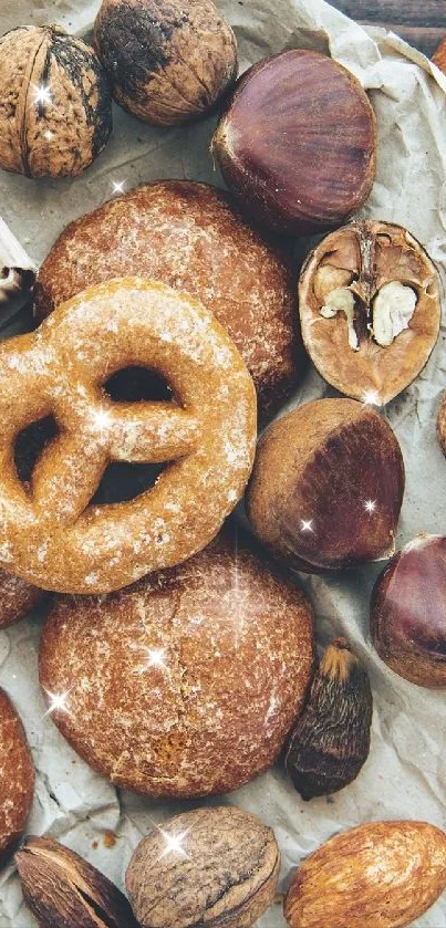 Rustic wallpaper with nuts and pastries on paper backdrop.