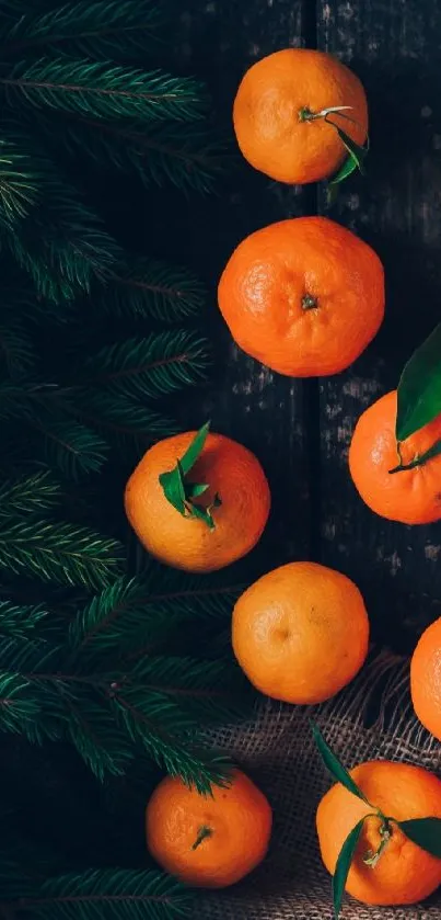 Oranges with pine branches on rustic background.