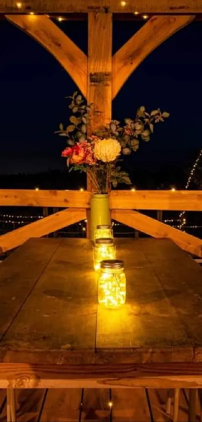 Rustic outdoor evening setting with warm lights and wooden table.