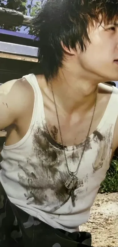 Young man with dirt-stained tank top in outdoor setting.