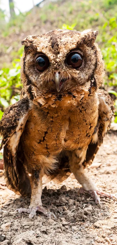 Close-up of a rustic owl on a bright sunny day.