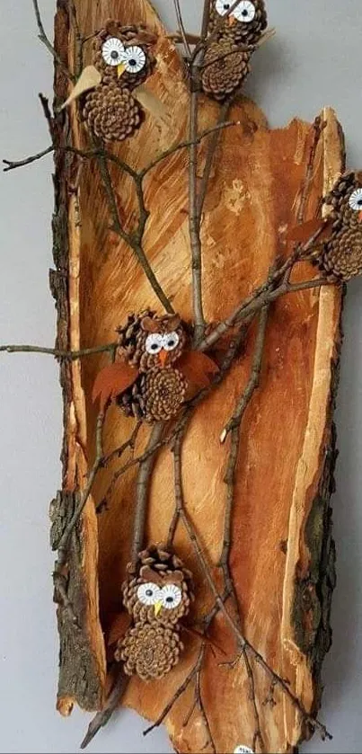 Rustic wooden design with handcrafted owls for a nature-inspired phone wallpaper.