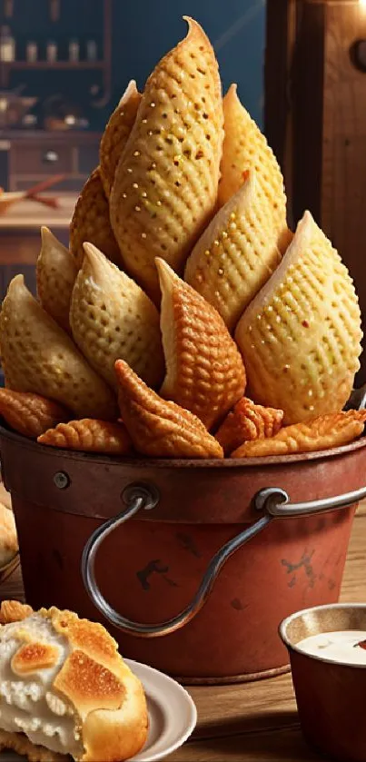 A bucket of rustic pastries in a cozy kitchen setting.