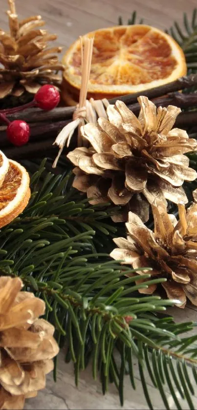 Rustic holiday wallpaper with pinecones, dry oranges, and evergreen leaves.