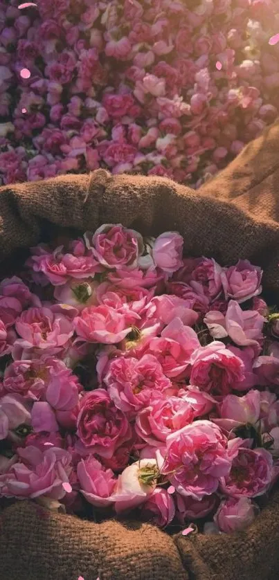 Mobile wallpaper with a sack of pink roses.