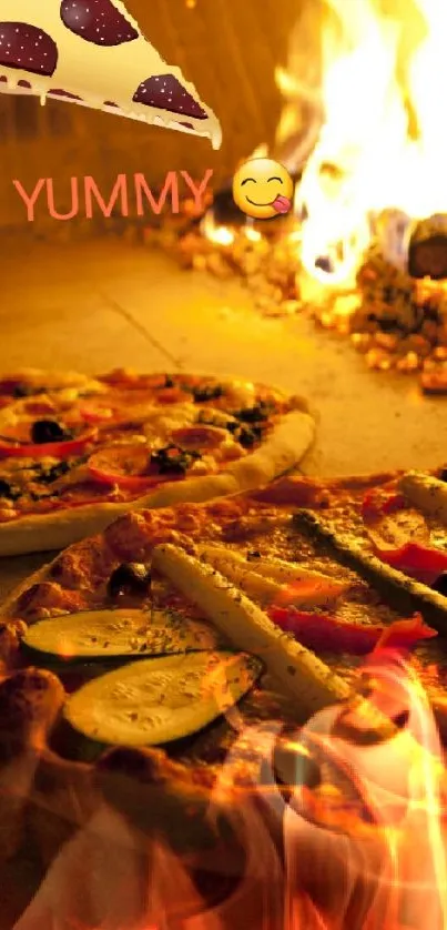 Delicious pizzas baking in a wood-fired oven with vibrant flames.