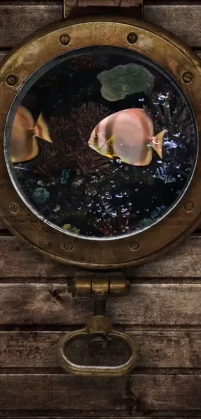 Rustic porthole with an aquarium view displaying fish in an underwater scene.