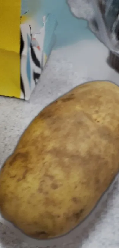 Rustic potato on a light kitchen surface, capturing earthy tones.