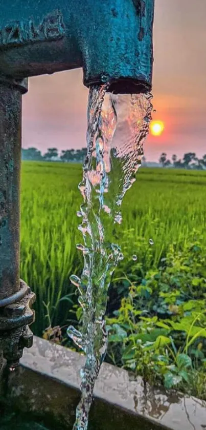 A scenic view of a water pump with a sunset.