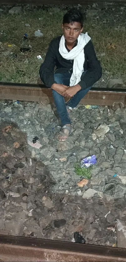 A young person sits on nighttime railway tracks, surrounded by rocks and grass.