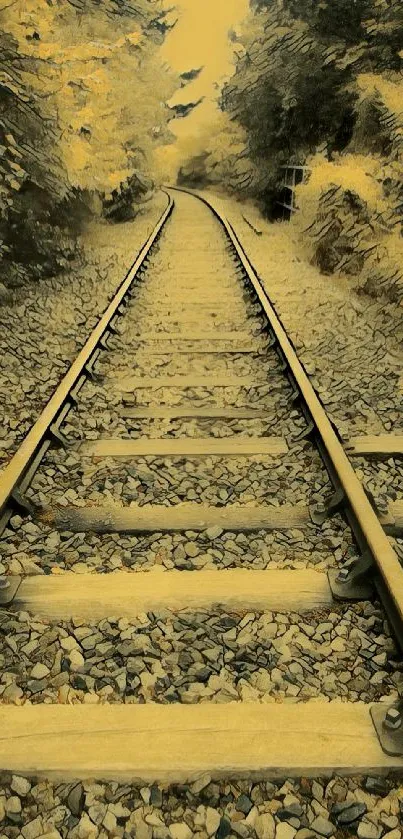 A tranquil railway track with yellow ochre tones and lush green foliage.