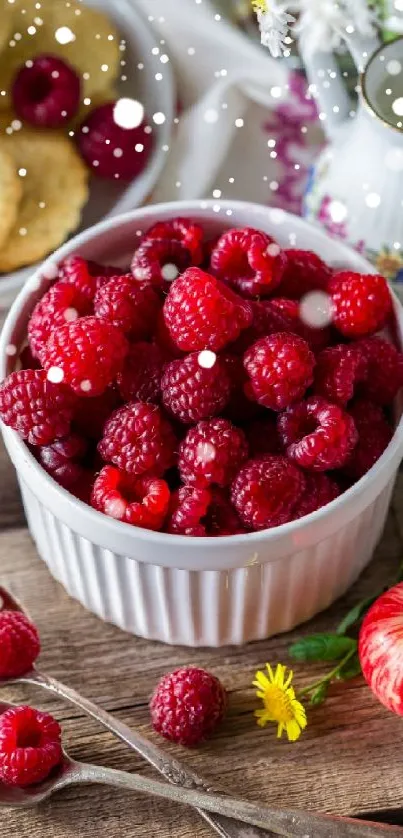 Bowl of fresh raspberries on rustic table with apples and daisies.