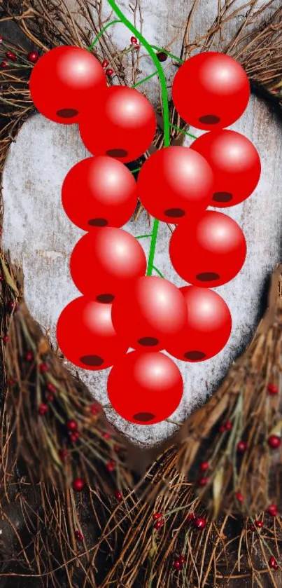 Red berries arranged in a heart-shaped rustic wreath on wood.