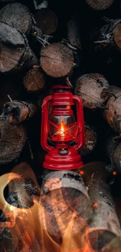 Rustic red lantern on stacked firewood.