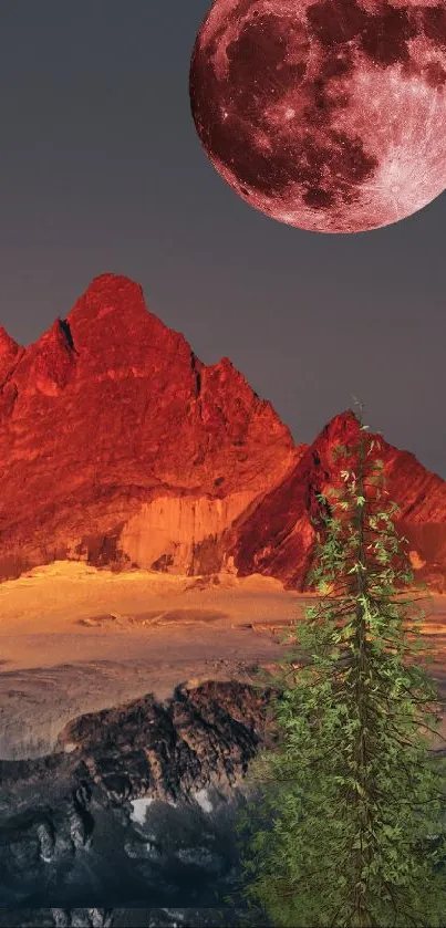 Rustic red moon with mountains and pine tree in mobile wallpaper.