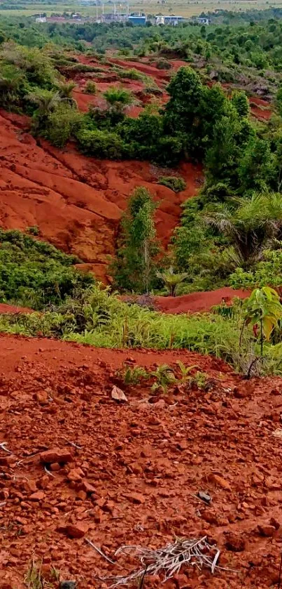 Mobile wallpaper of red earthy terrain with lush greenery.