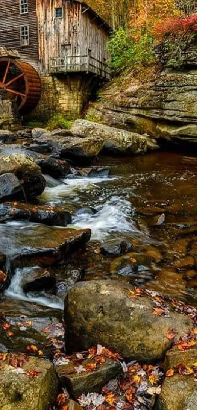 Rustic water mill by flowing river with autumn leaves and rocks.