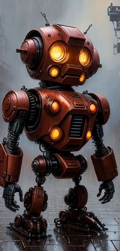 Steampunk robot stands on rainy city street.