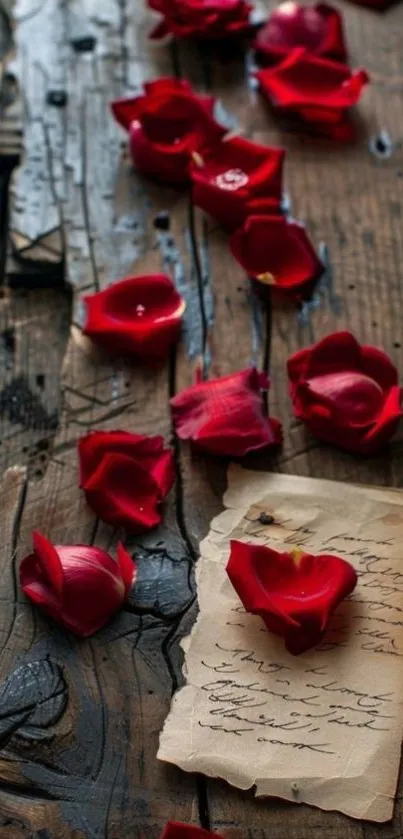 Red rose petals on rustic wooden background with vintage letter.