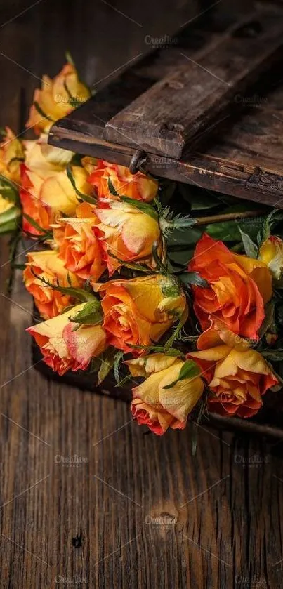 Rustic wooden crate with vibrant orange roses overflowing.