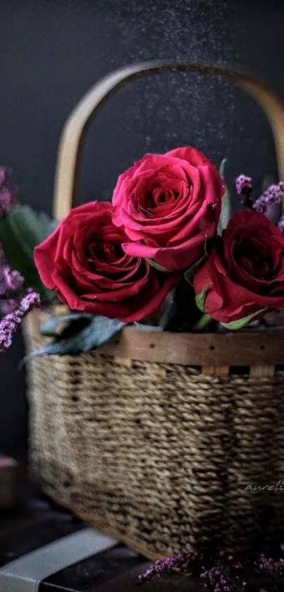 Rustic basket with vibrant red roses arranged elegantly.