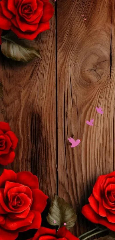 Red roses on a textured wooden background with pink accents.