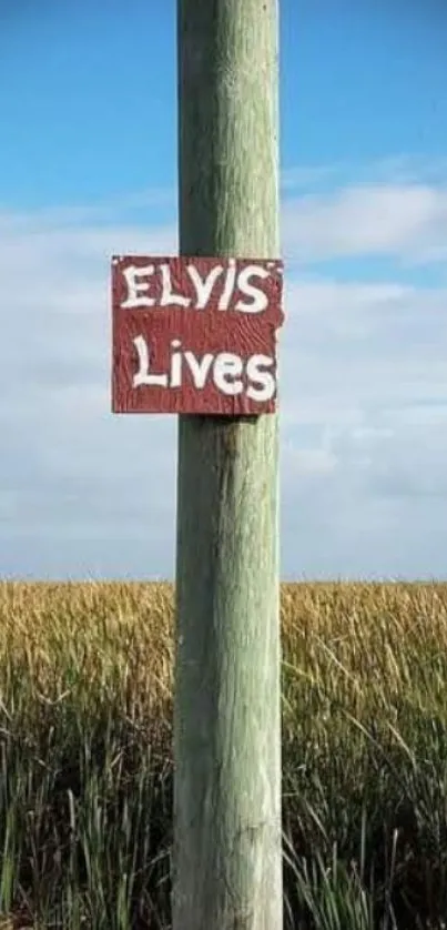 Rustic post with Elvis Lives sign in open countryside.