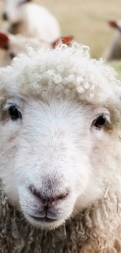 A flock of fluffy sheep grazing in a lush green pasture under a serene sky.