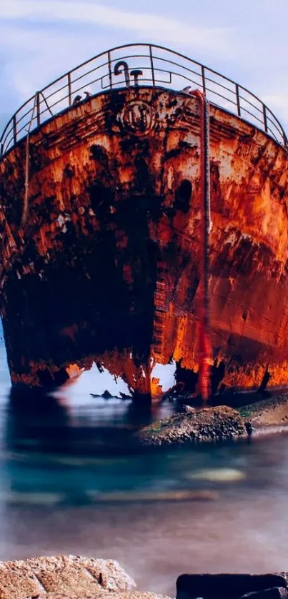 Rustic shipwreck on a calm ocean backdrop, showcasing dramatic colors.