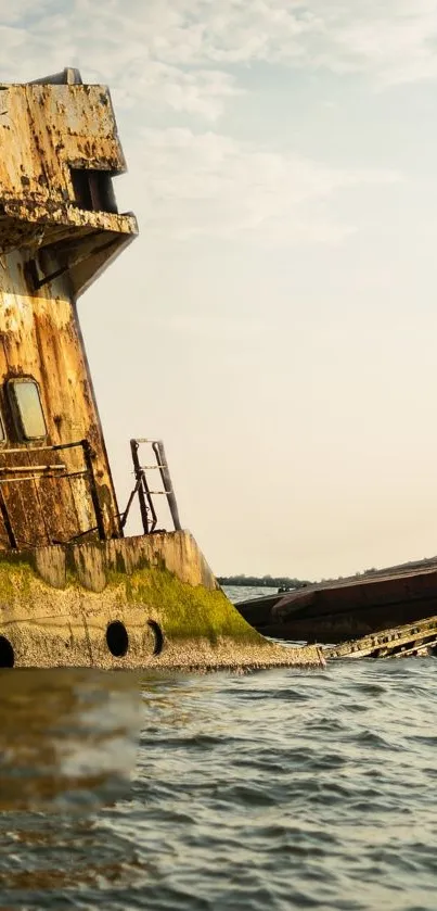 Rustic shipwrecked boat on calm water by the shore in serene setting.