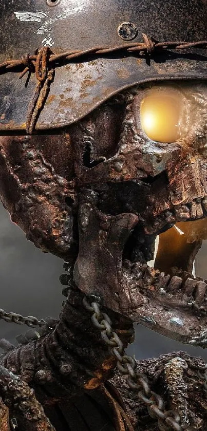 Rustic skeleton with glowing eyes in a military helmet.