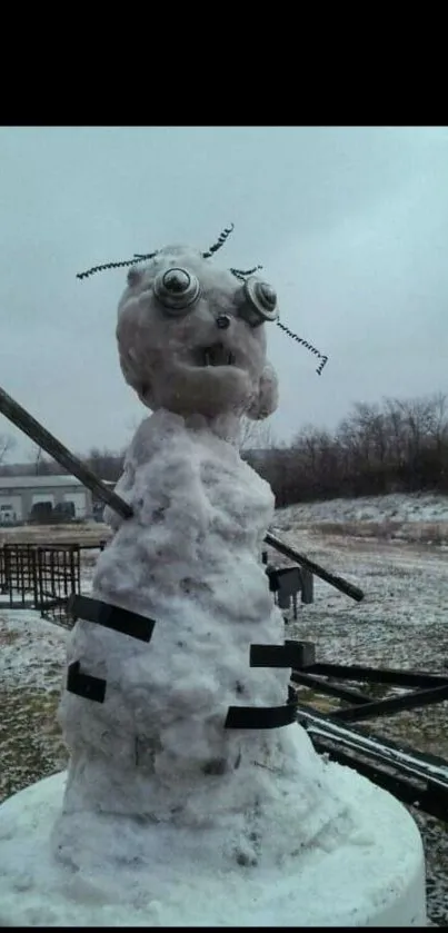 Unique snowman in snowy field, rustic charm.