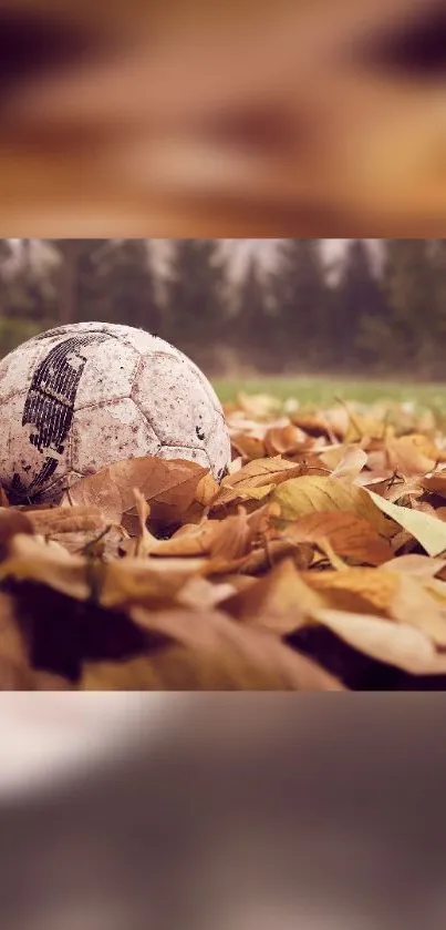 Soccer ball resting among brown autumn leaves on the ground.