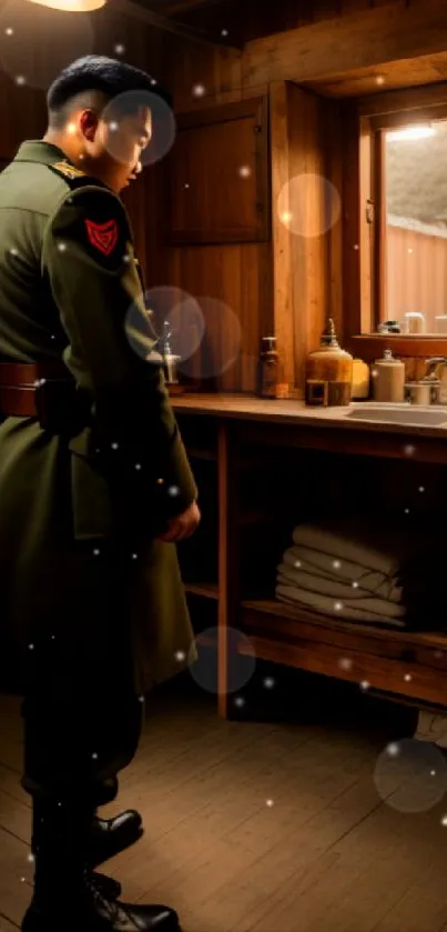 Soldier standing alone in a rustic, wooden room with vintage decor.