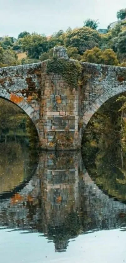 Scenic view of stone bridge reflecting on still water.