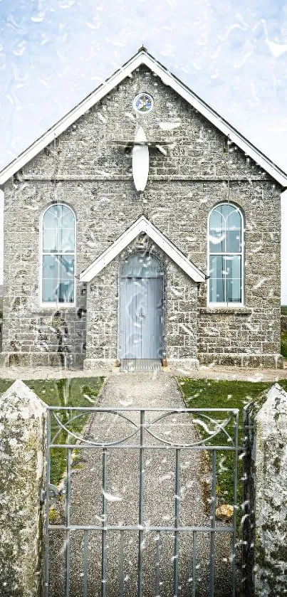 Rustic stone church with rain-soaked glass effect background.