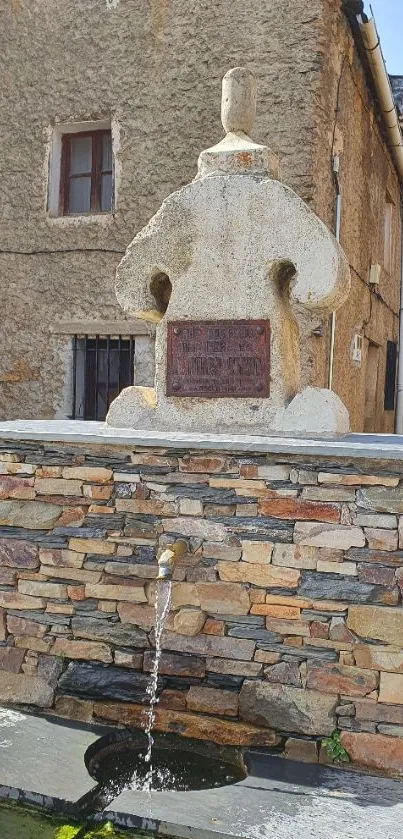 Rustic stone fountain in a sunlit village street with historical charm.