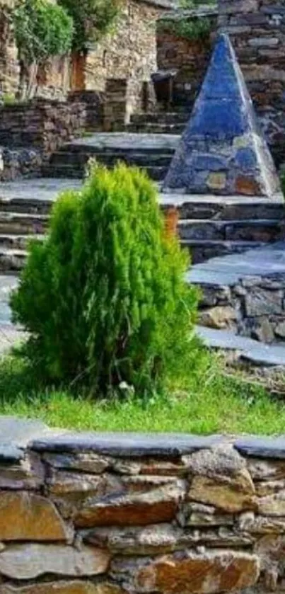 Rustic stone garden with lush greenery.