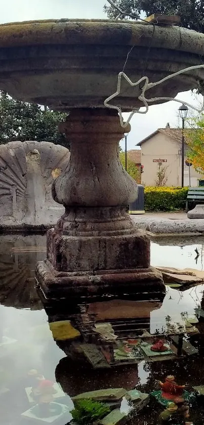 Rustic stone fountain reflecting in water with autumn colors.