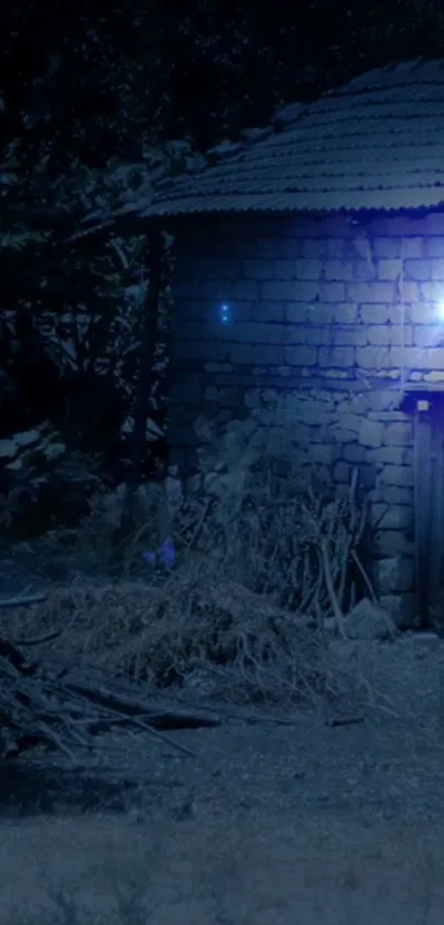 Rustic stone hut illuminated by blue night light.