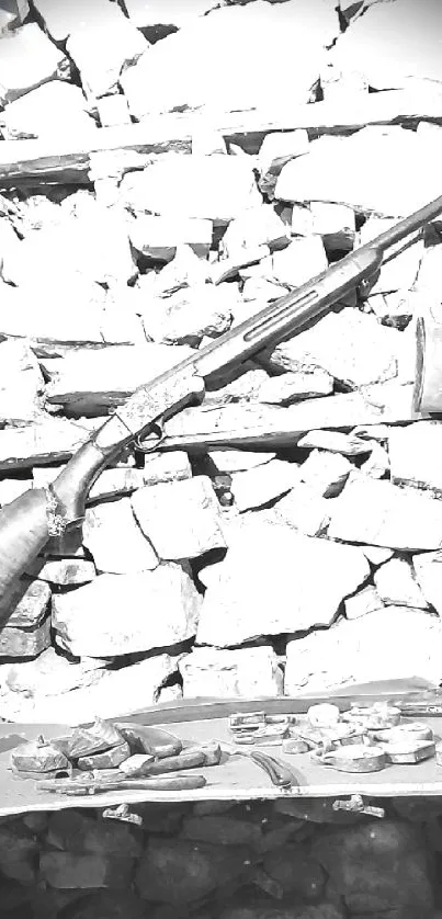 Rustic stone wall with vintage rifle and tools in earthy tones.