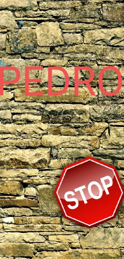 Rustic stone wall with red STOP sign and textured design.